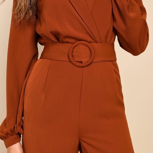 Sleek Impression Rust Brown Belted Collared Slim Leg Jumpsuit - Picture 6 of 9